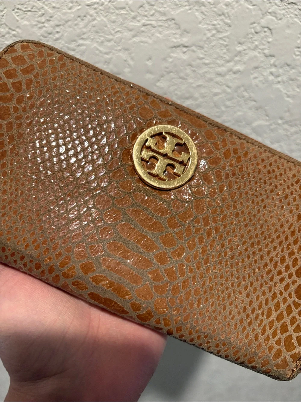 Tory Burch Tan Snakeskin-Embossed Zip Wallet